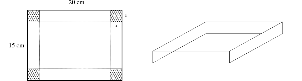 20 cm by 15 cm rectangular sheet with squares cut out from each corner.