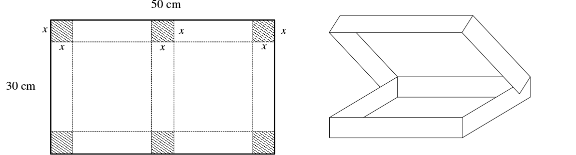 50 cm by 30 cm rectangular sheet with squares cut from each corner and middle to form a lidded box net.