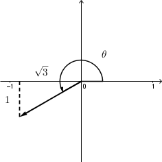 Terminal arm in quadrant 3, forms right triangle with x-axis with legs 1, sqrt(3)