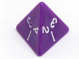 A four-sided die shaped like a tetrahedron.