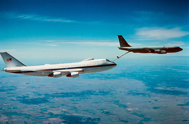 Air Force One being refuelled by a tanker plane.