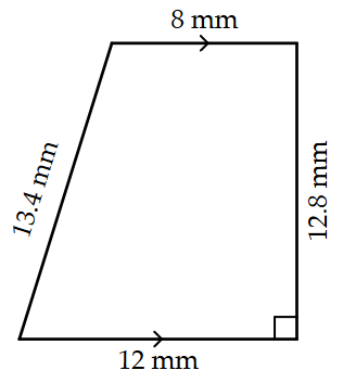 A right trapezoid with parallel sides measuring 12 mm and 8 mm each. The right-angled side is 12.8 mm and the other side is 13.4 mm.