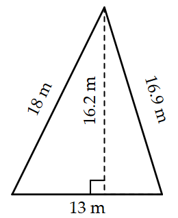 A triangle with base 13 m and other sides measuring 16.9 m and 18 m. The height is marked as 16.2 m.