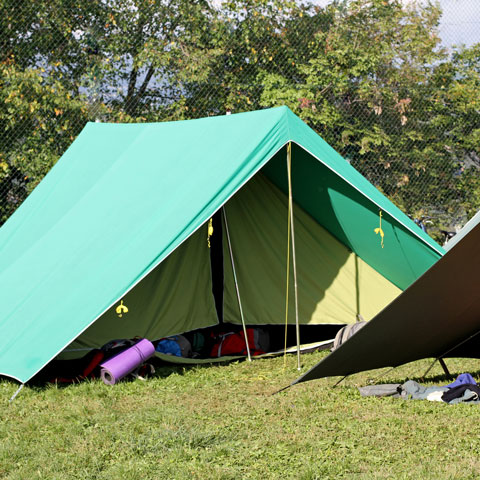 A triangular tent.