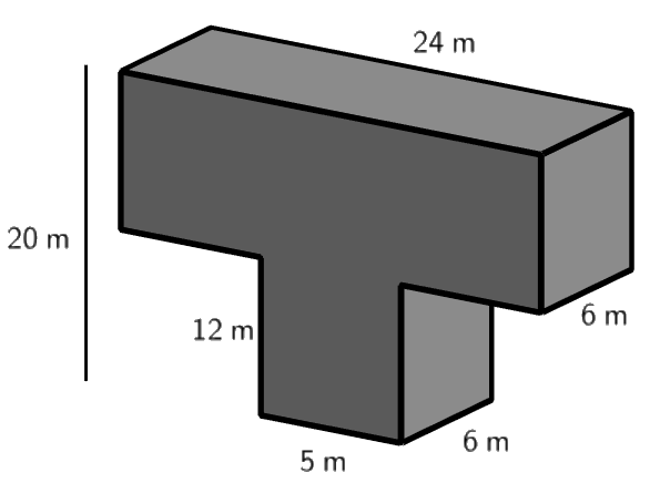 A capital T shaped composite shape. The bottom rectangular prism has length 5 m, width 6 m, and height 12 m. The upper rectangular prism has length 24 m and 6 m. The entire shape has a height of 20 m.