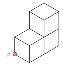 Three attached blocks. Two on the first level and another on the second level on the last block of the first level. Orientation is leaning to the left. Point P is the bottom-left most point on the first level block.