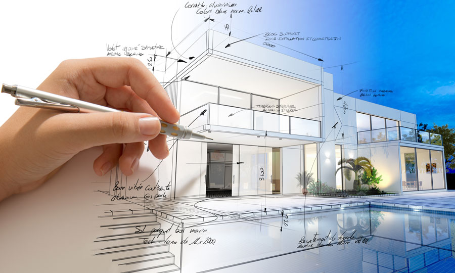 An image where a 3D drawing of a building turns into a photo that place.