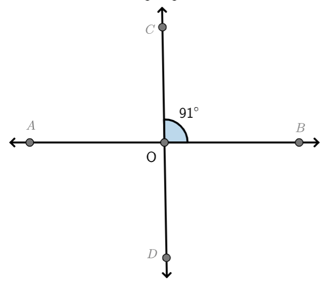 Line AB intersects line CD at 0. Angle COB is 91 degrees.