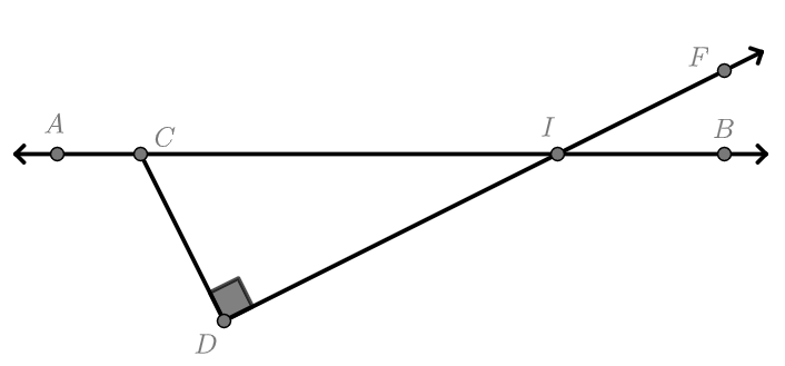 Line AB  intersects ray DF at point I. Line segment DC has point C on line AB, where angle D is 90 degrees.
