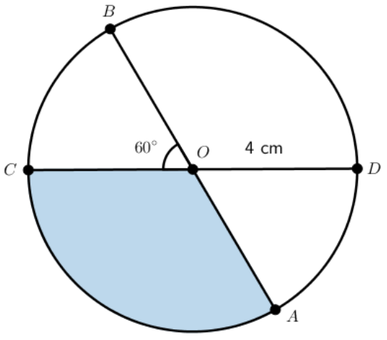 Diameters AB and CD intersect at point O, the centre of a circle. Angle BOC is 60 degrees and the radius is 4 cm. The section between angle COA is highlighted.