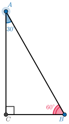 Angle C is 90 degrees, angle A is 30 degrees, and angle B is 60 degrees.