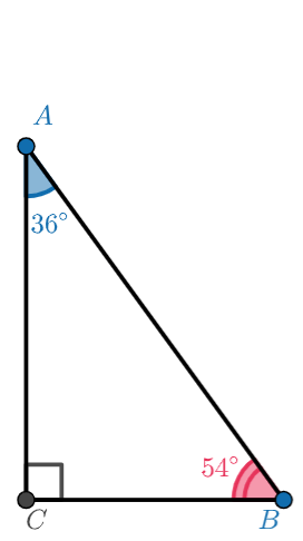 Angle C is 90 degrees, angle A is 36 degrees, and angle B is 54 degrees.