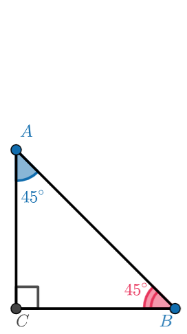 Angle C is 90 degrees, angle A is 45 degrees, and angle B is 45 degrees.