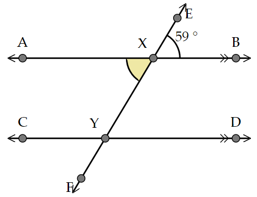 Parallel lines AB and CD are intersected by line EF at points X and Y respectively. Angle EXB is 59 degrees. Angle AXY is highlighted.
