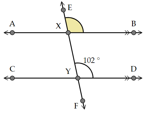Parallel lines AB and CD are intersected by line EF at points X and Y respectively. Angle XYD equals 102 degrees and angle EXB is highlighted.