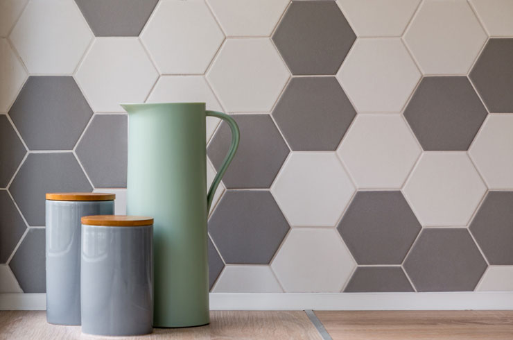 A backsplash made up of hexagonal tiles.