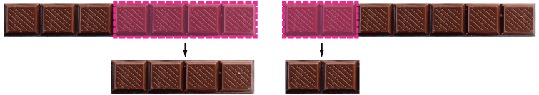 Same chocolate bars. Now, on the right chocolate bar, two pieces have been highlighted.