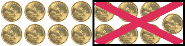 15 loonies with 7 of them grouped together and taken away.