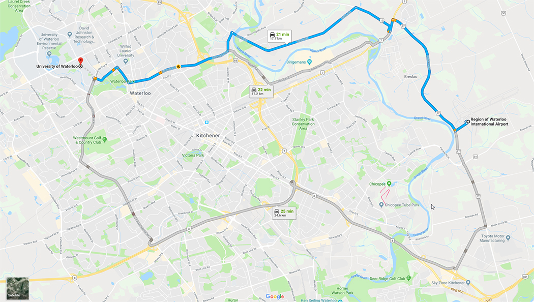A Google Maps screenshot shows three possible driving routes from the Region of Waterloo airport to the University of Waterloo campus