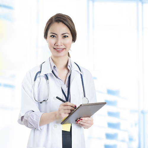 A doctor taking survey responses