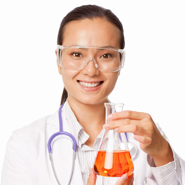 A chemist holding an Erlenmeyer flask.