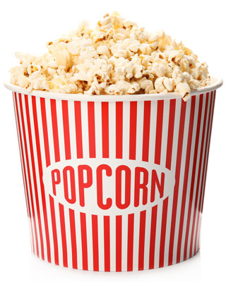 A cylinder-shaped container holding popcorn.