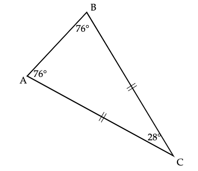 Angle ABC and angle BAC are both 76 degrees.