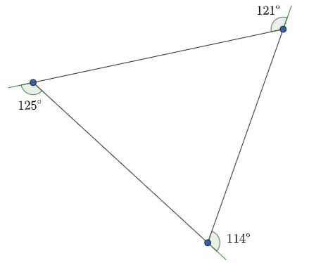 An acute triangle with exterior angles of 121, 125, and 114 degrees.