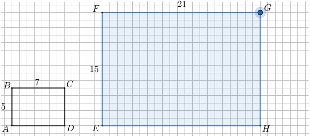 A grid with rectangle ABCD of side lengths 5 and 7, and rectangle EFGH with side lengths 15 and 21, respectively.
