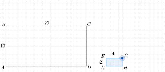 A grid with rectangle ABCD of side lengths 10 and 20, and rectangle EFGH with side lengths 2 and 4, respectively.