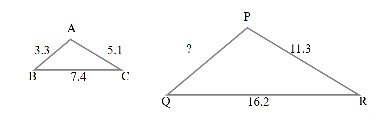 Two similar triangles ABC and PQR. Triangle ABC has side lengths: AB=3.3, BC=7.4, AC=5.1. Triangle PQR has side lengths QR=16.2 and PR=11.3 given. Side PQ is unknown.