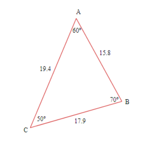 Triangle ABC. Angle A = 60 degrees, Angle B = 70 degrees, Angle C = 50 degrees. Side lengths are a=17.9, b=19.4, and c=15.8