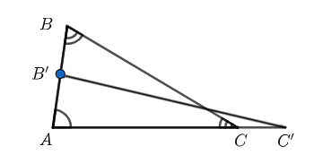 Triangles ABC and AB prime C prime share angle A.