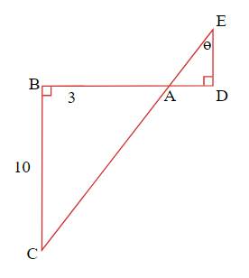 Two right triangles ABC and ADE, with right angles at B and D respectively. Angles BAC and DAE are opposite angles, and A is the point of intersection of line segments BD and CE.