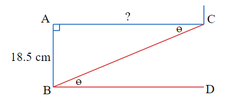 A side view of a step. The top (line segment AC) and front (line segment AB) of the step form the legs of a right triangle ABC. A line from the base of one step to the base of the step above it forms the hypotenuse BC.