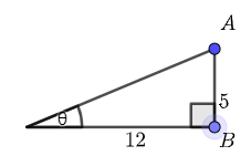 Right triangle with the side opposite theta having length 5, and the side adjacent to theta having length 12.