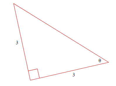 A right triangle. Angle theta is indicated, and the opposite and non-hypotenuse adjacent sides both have length 3.