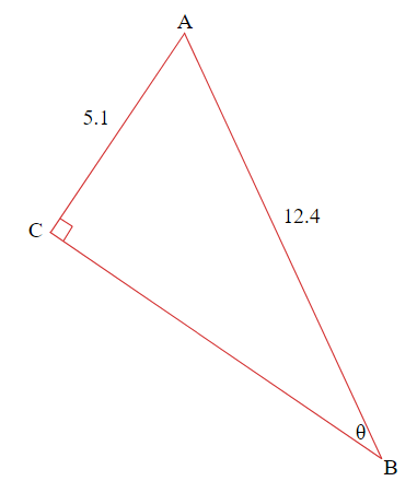 Triangle ABC has right angle ACB, side lengths AC=5.1 and AB=12.4, and angle ABC is the unknown angle theta.