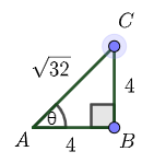 A right triangle has legs of length 4 and 4, and a hypotenuse of length square root of 32.