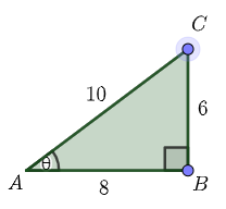 A right triangle has legs of length 6 (opposite theta) and 8 (adjacent to theta), and a hypotenuse of length 10.