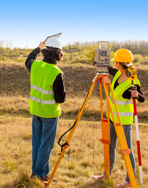Two people holding a surveying tool.