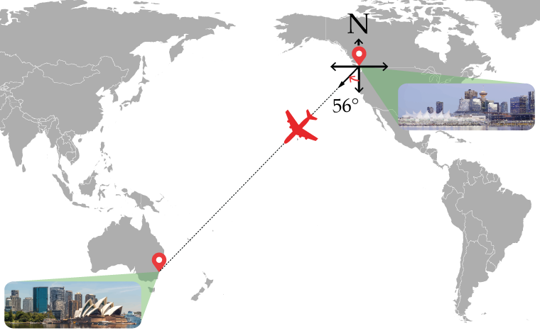 A plane heading from Vancouver S56W to Sydney.