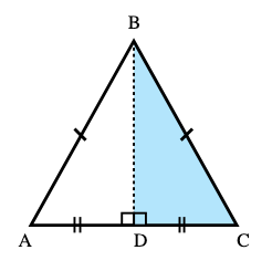 Equilateral triangle ABC, divided into two congruent right triangles from vertex B to the midpoint of the opposite side, AC.