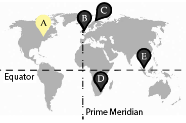 Location A, London, Ontario, Canada is located above the equator in North America.