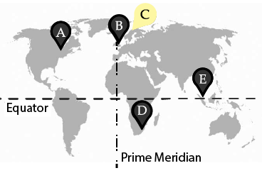 Location C, Tromso, Norway is located well above the equator in Europe.