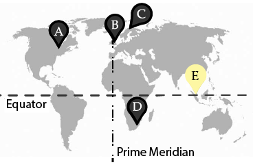 Location E, Kuala Lumpur, Malaysia is located near the equator in Asia.