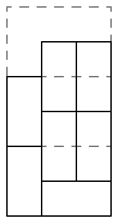 2 stacked vertical tiles on the left and a horizontal tile with 2 sets of adjacent vertical tiles stacked on top on the right.