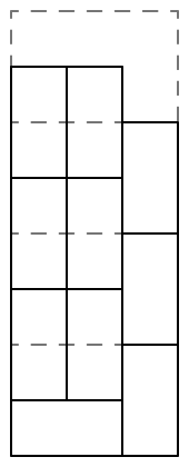 3 stacked vertical tiles on the right and a horizontal tile with 3 sets of adjacent vertical tiles stacked on top on the left.